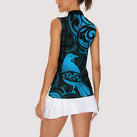 New Zealand Tui Bird Women Sleeveless Polo Shirt Aotearoa Maori Pattern - Blue LT14 - Polynesian Pride