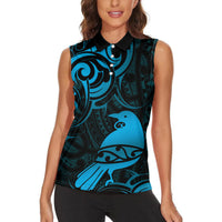 New Zealand Tui Bird Women Sleeveless Polo Shirt Aotearoa Maori Pattern - Blue LT14 - Polynesian Pride