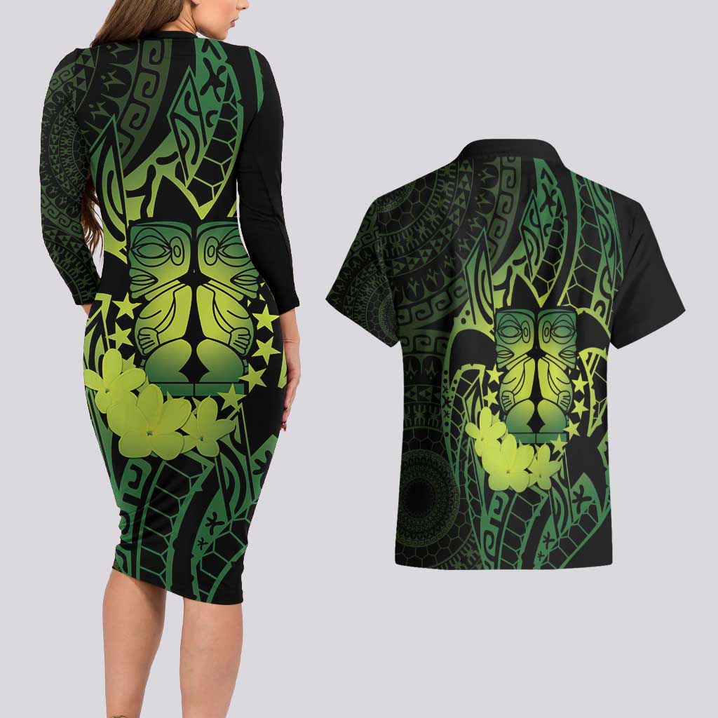 Kia Orana Kuki Airani Couples Matching Long Sleeve Bodycon Dress and Hawaiian Shirt Cook Islands Tangaroa God Tatau Green LT14 - Polynesian Pride