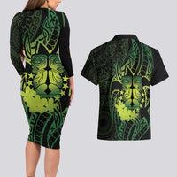 Kia Orana Kuki Airani Couples Matching Long Sleeve Bodycon Dress and Hawaiian Shirt Cook Islands Tangaroa God Tatau Green LT14 - Polynesian Pride