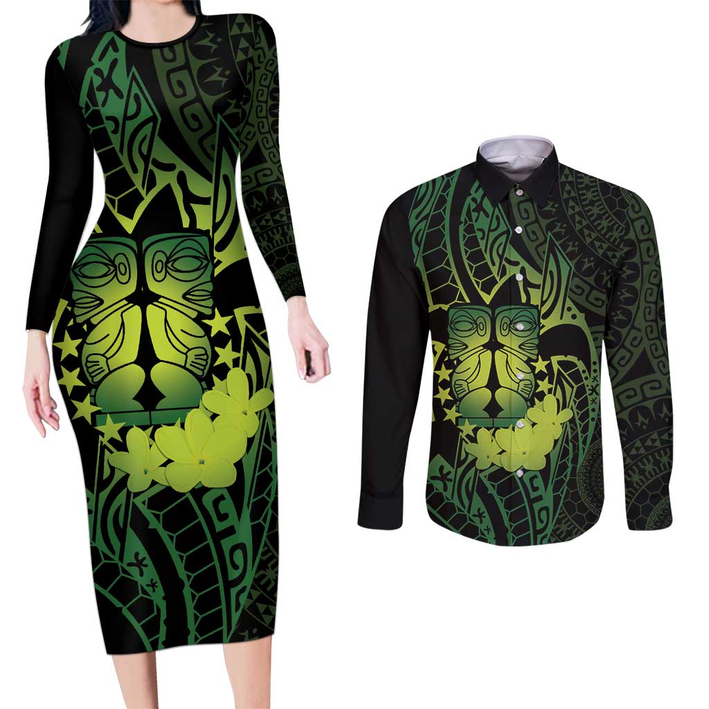 Kia Orana Kuki Airani Couples Matching Long Sleeve Bodycon Dress and Long Sleeve Button Shirt Cook Islands Tangaroa God Tatau Green LT14 Green - Polynesian Pride