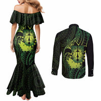 Kia Orana Kuki Airani Couples Matching Mermaid Dress and Long Sleeve Button Shirt Cook Islands Tangaroa God Tatau Green LT14 - Polynesian Pride