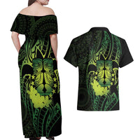 Kia Orana Kuki Airani Couples Matching Off Shoulder Maxi Dress and Hawaiian Shirt Cook Islands Tangaroa God Tatau Green LT14 - Polynesian Pride
