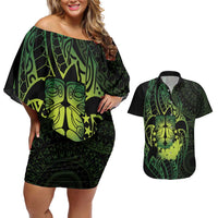 Kia Orana Kuki Airani Couples Matching Off Shoulder Short Dress and Hawaiian Shirt Cook Islands Tangaroa God Tatau Green LT14 Green - Polynesian Pride