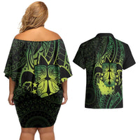 Kia Orana Kuki Airani Couples Matching Off Shoulder Short Dress and Hawaiian Shirt Cook Islands Tangaroa God Tatau Green LT14 - Polynesian Pride