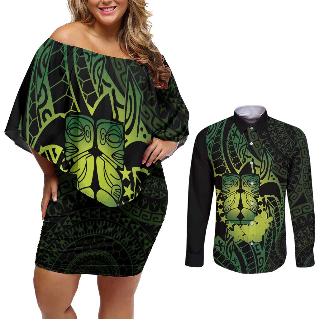 Kia Orana Kuki Airani Couples Matching Off Shoulder Short Dress and Long Sleeve Button Shirt Cook Islands Tangaroa God Tatau Green LT14 Green - Polynesian Pride