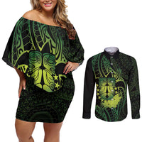 Kia Orana Kuki Airani Couples Matching Off Shoulder Short Dress and Long Sleeve Button Shirt Cook Islands Tangaroa God Tatau Green LT14 Green - Polynesian Pride