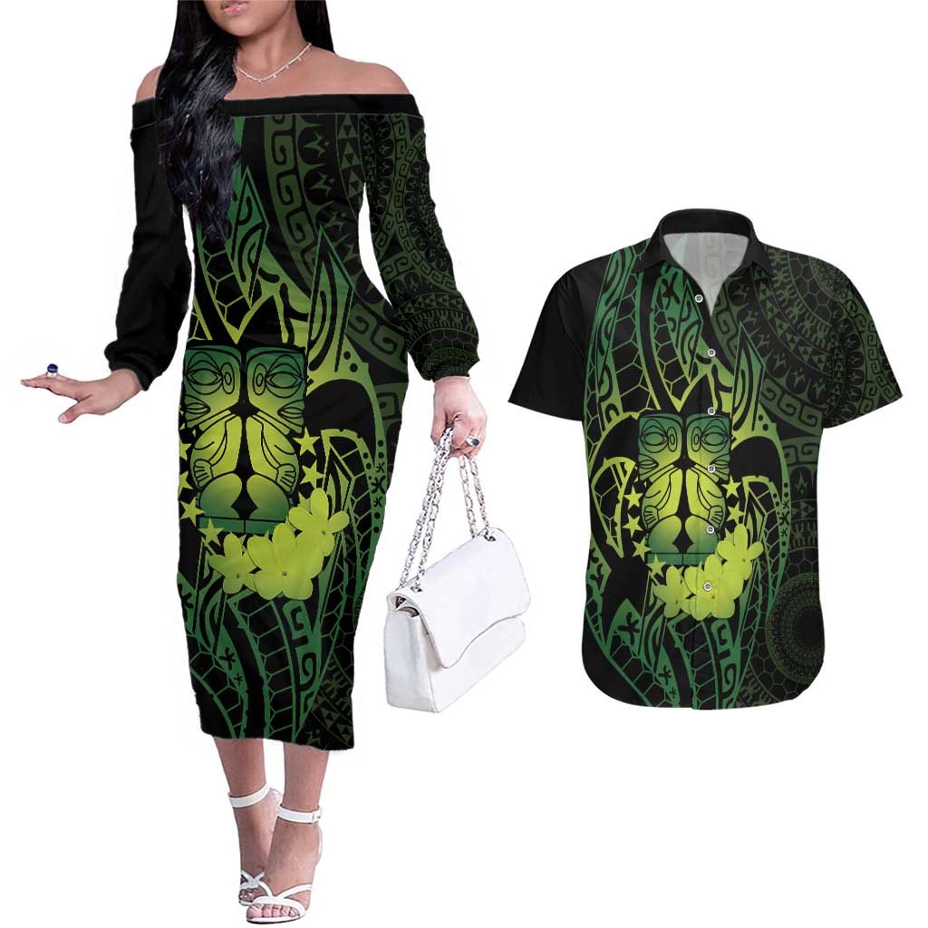 Kia Orana Kuki Airani Couples Matching Off The Shoulder Long Sleeve Dress and Hawaiian Shirt Cook Islands Tangaroa God Tatau Green LT14 Green - Polynesian Pride