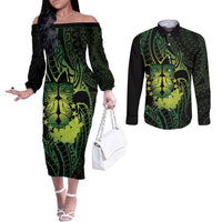 Kia Orana Kuki Airani Couples Matching Off The Shoulder Long Sleeve Dress and Long Sleeve Button Shirt Cook Islands Tangaroa God Tatau Green LT14 Green - Polynesian Pride
