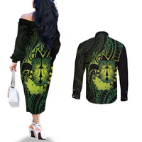 Kia Orana Kuki Airani Couples Matching Off The Shoulder Long Sleeve Dress and Long Sleeve Button Shirt Cook Islands Tangaroa God Tatau Green LT14 - Polynesian Pride