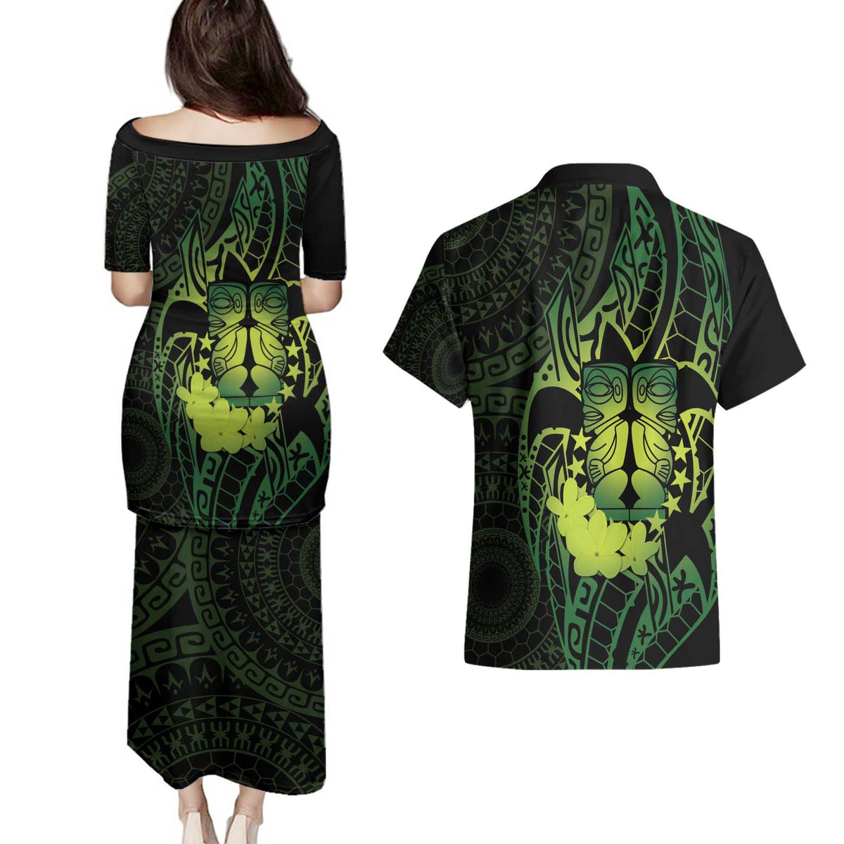 Kia Orana Kuki Airani Couples Matching Puletasi and Hawaiian Shirt Cook Islands Tangaroa God Tatau Green LT14 - Polynesian Pride