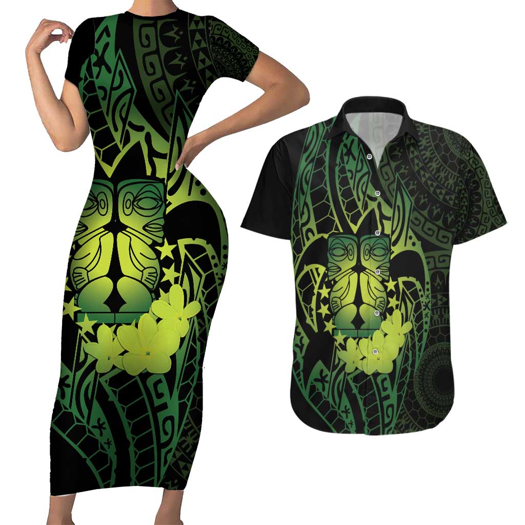 Kia Orana Kuki Airani Couples Matching Short Sleeve Bodycon Dress and Hawaiian Shirt Cook Islands Tangaroa God Tatau Green LT14 Green - Polynesian Pride