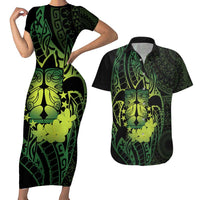 Kia Orana Kuki Airani Couples Matching Short Sleeve Bodycon Dress and Hawaiian Shirt Cook Islands Tangaroa God Tatau Green LT14 Green - Polynesian Pride
