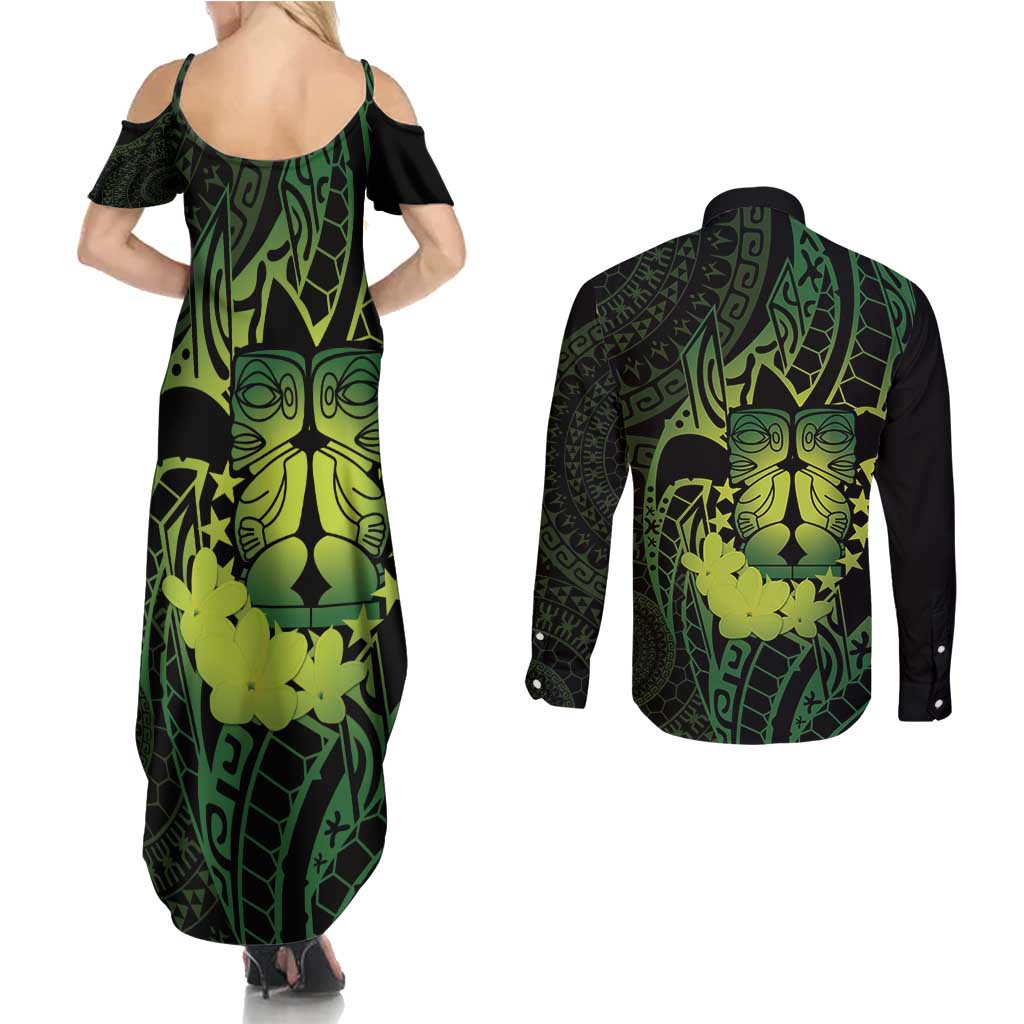 Kia Orana Kuki Airani Couples Matching Summer Maxi Dress and Long Sleeve Button Shirt Cook Islands Tangaroa God Tatau Green LT14 - Polynesian Pride