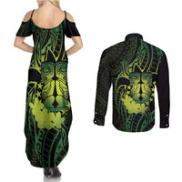 Kia Orana Kuki Airani Couples Matching Summer Maxi Dress and Long Sleeve Button Shirt Cook Islands Tangaroa God Tatau Green LT14 - Polynesian Pride