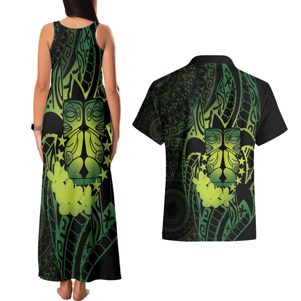 Kia Orana Kuki Airani Couples Matching Tank Maxi Dress and Hawaiian Shirt Cook Islands Tangaroa God Tatau Green LT14 - Polynesian Pride