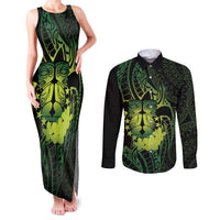 Kia Orana Kuki Airani Couples Matching Tank Maxi Dress and Long Sleeve Button Shirt Cook Islands Tangaroa God Tatau Green LT14 Green - Polynesian Pride