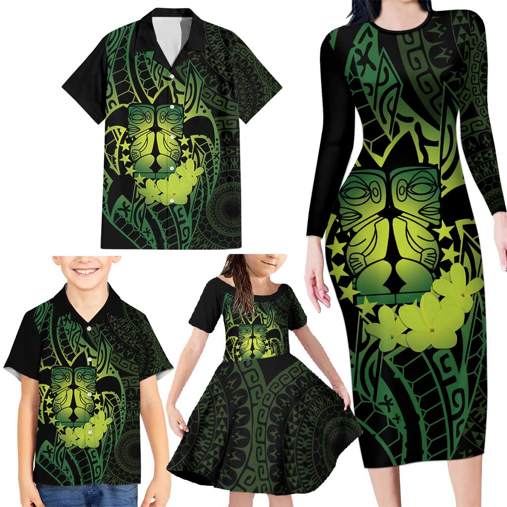 Kia Orana Kuki Airani Family Matching Long Sleeve Bodycon Dress and Hawaiian Shirt Cook Islands Tangaroa God Tatau Green LT14 - Polynesian Pride