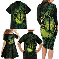 Kia Orana Kuki Airani Family Matching Long Sleeve Bodycon Dress and Hawaiian Shirt Cook Islands Tangaroa God Tatau Green LT14 - Polynesian Pride