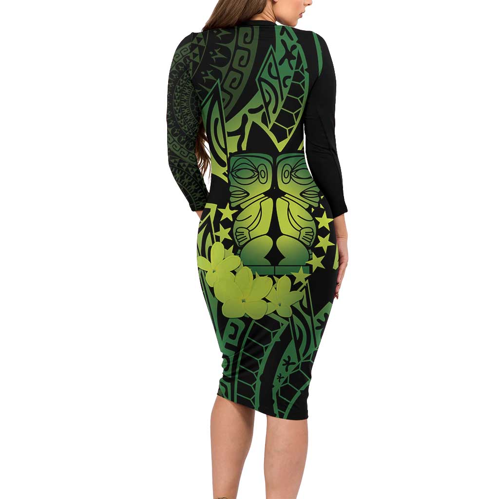 Kia Orana Kuki Airani Family Matching Long Sleeve Bodycon Dress and Hawaiian Shirt Cook Islands Tangaroa God Tatau Green LT14 - Polynesian Pride