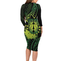 Kia Orana Kuki Airani Family Matching Long Sleeve Bodycon Dress and Hawaiian Shirt Cook Islands Tangaroa God Tatau Green LT14 - Polynesian Pride