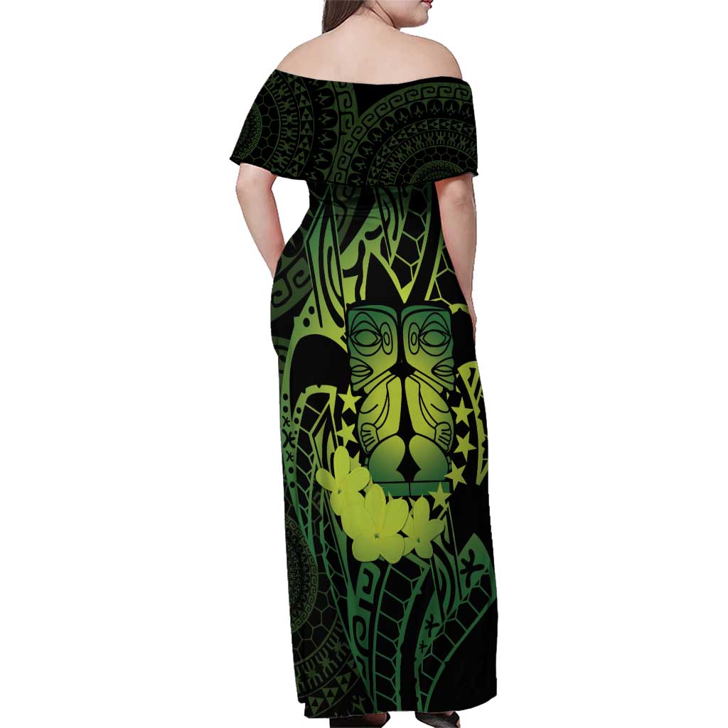 Kia Orana Kuki Airani Family Matching Off Shoulder Maxi Dress and Hawaiian Shirt Cook Islands Tangaroa God Tatau Green LT14 - Polynesian Pride