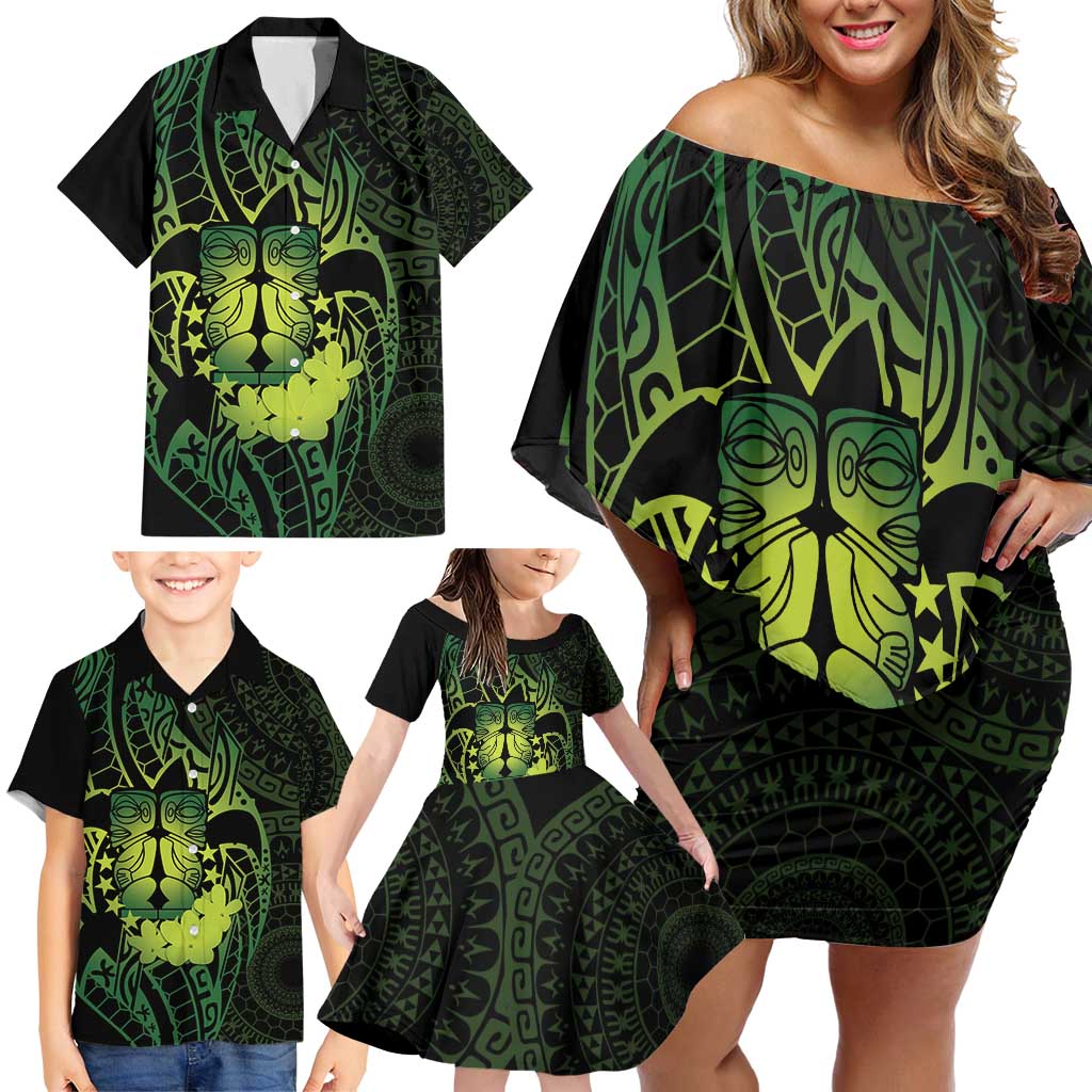 Kia Orana Kuki Airani Family Matching Off Shoulder Short Dress and Hawaiian Shirt Cook Islands Tangaroa God Tatau Green LT14 - Polynesian Pride