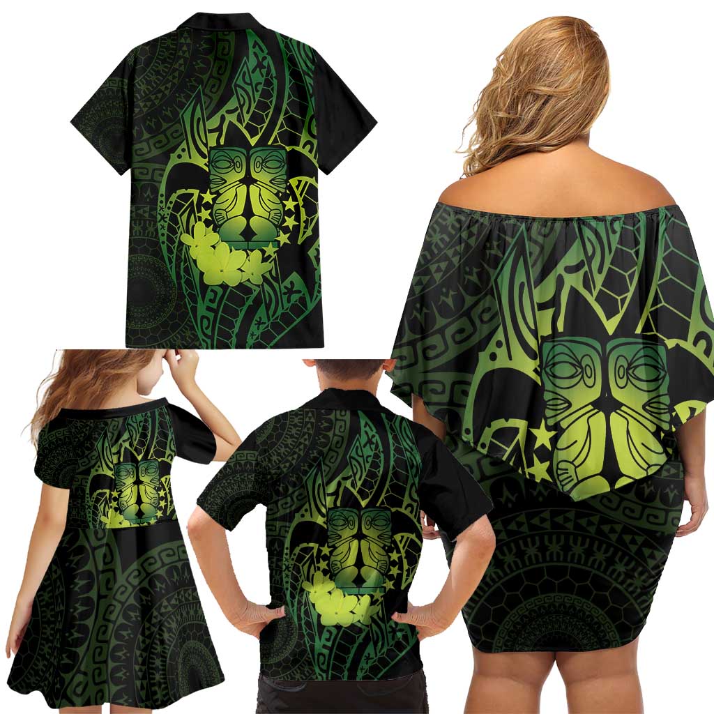 Kia Orana Kuki Airani Family Matching Off Shoulder Short Dress and Hawaiian Shirt Cook Islands Tangaroa God Tatau Green LT14 - Polynesian Pride