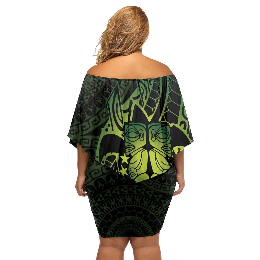 Kia Orana Kuki Airani Family Matching Off Shoulder Short Dress and Hawaiian Shirt Cook Islands Tangaroa God Tatau Green LT14 - Polynesian Pride