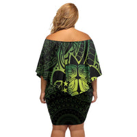 Kia Orana Kuki Airani Family Matching Off Shoulder Short Dress and Hawaiian Shirt Cook Islands Tangaroa God Tatau Green LT14 - Polynesian Pride