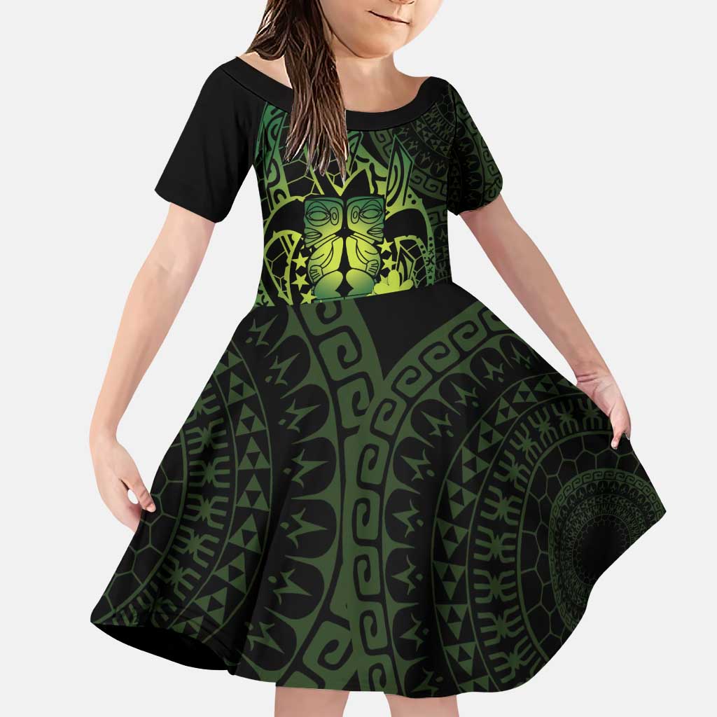 Kia Orana Kuki Airani Family Matching Puletasi and Hawaiian Shirt Cook Islands Tangaroa God Tatau Green LT14 Daughter's Dress Green - Polynesian Pride
