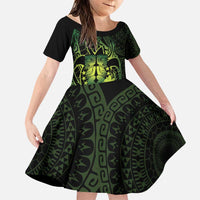 Kia Orana Kuki Airani Family Matching Puletasi and Hawaiian Shirt Cook Islands Tangaroa God Tatau Green LT14 Daughter's Dress Green - Polynesian Pride