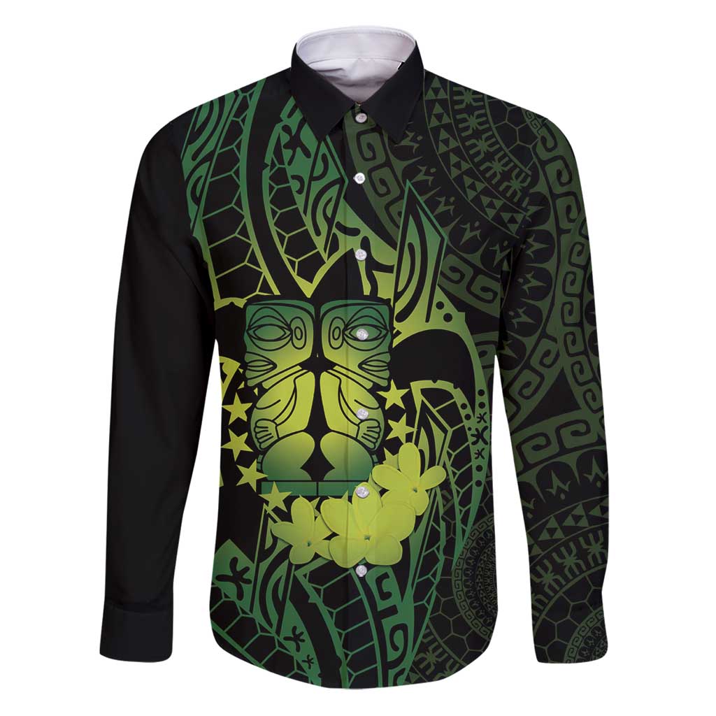 Kia Orana Kuki Airani Family Matching Puletasi and Hawaiian Shirt Cook Islands Tangaroa God Tatau Green LT14 Dad's Shirt - Long Sleeve Green - Polynesian Pride