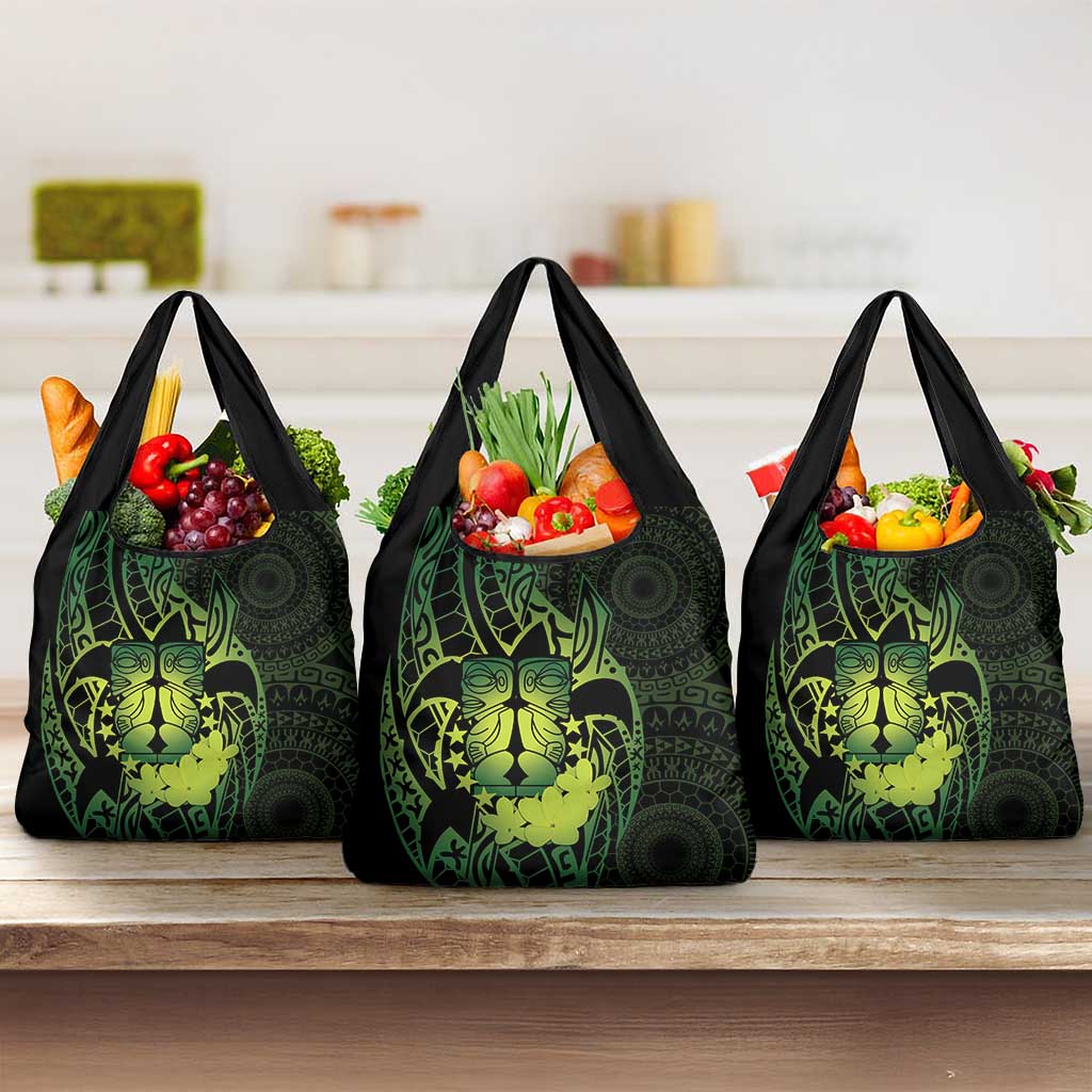 Kia Orana Kuki Airani Grocery Bag Cook Islands Tangaroa God Tatau Green LT14 3-pack One Size Green - Polynesian Pride