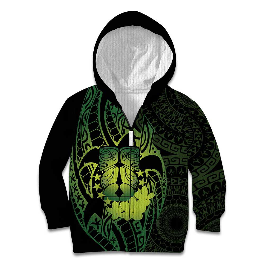 Kia Orana Kuki Airani Kid Hoodie Cook Islands Tangaroa God Tatau Green LT14 Zip Hoodie Green - Polynesian Pride