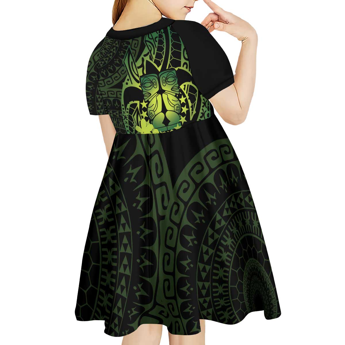 Kia Orana Kuki Airani Kid Short Sleeve Dress Cook Islands Tangaroa God Tatau Green LT14 - Polynesian Pride