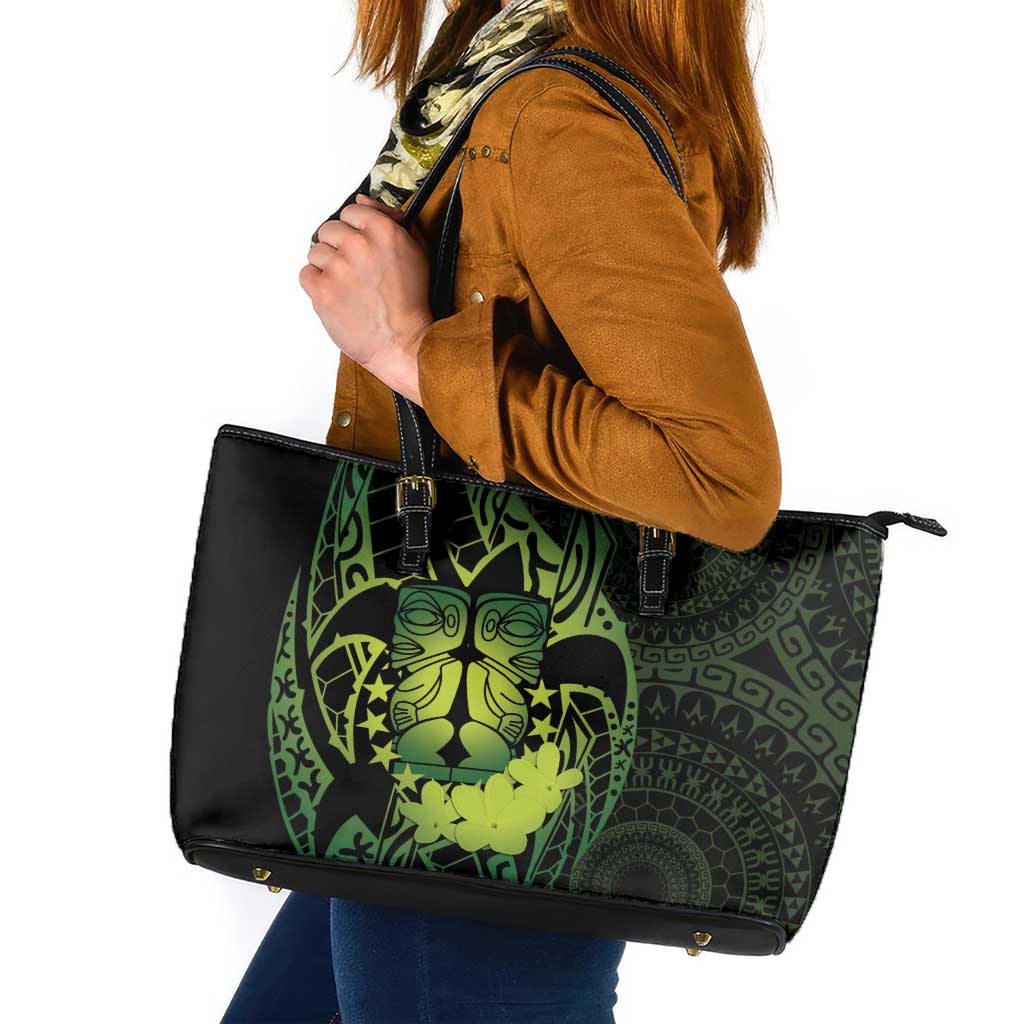 Kia Orana Kuki Airani Leather Tote Bag Cook Islands Tangaroa God Tatau Green LT14 Green - Polynesian Pride