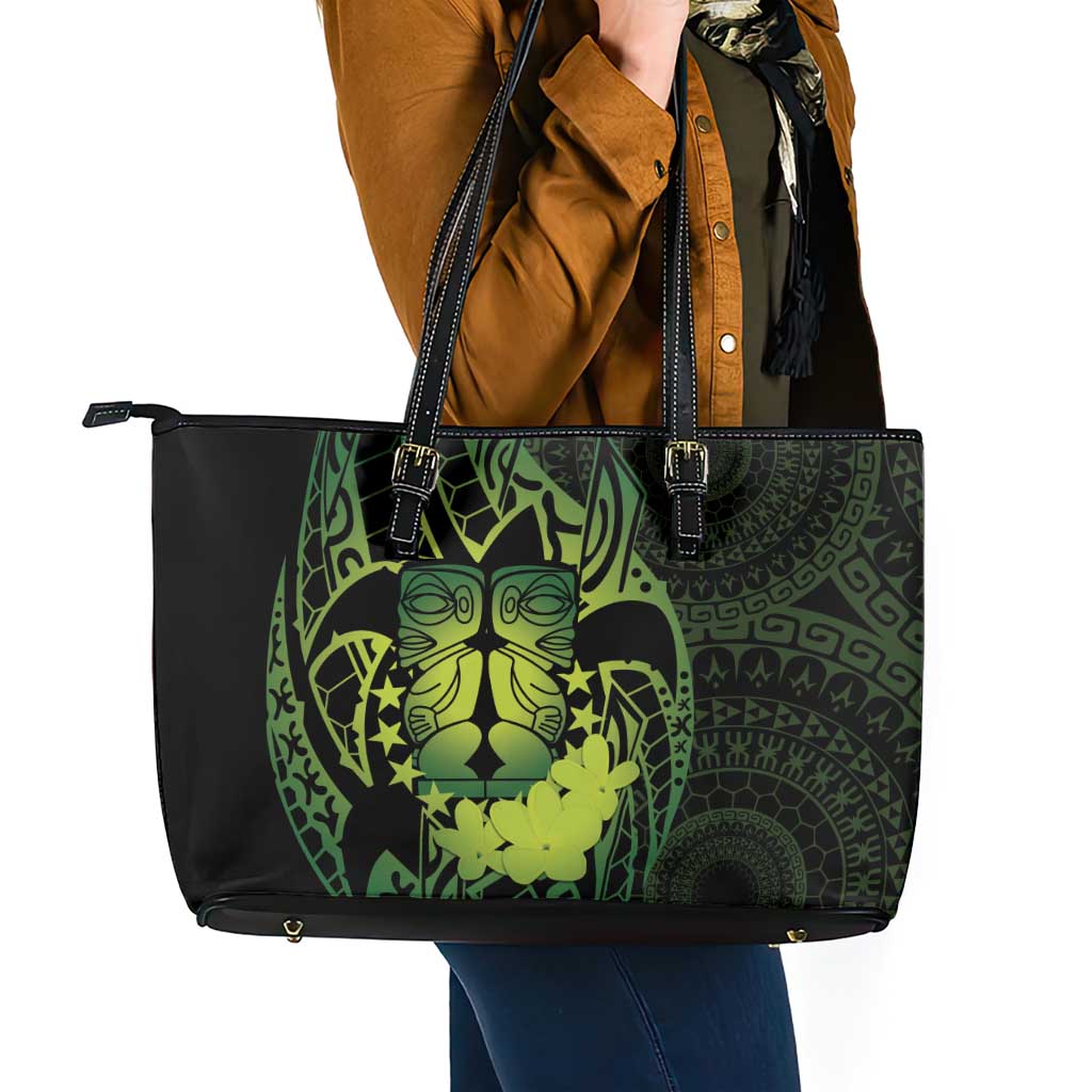 Kia Orana Kuki Airani Leather Tote Bag Cook Islands Tangaroa God Tatau Green LT14 - Polynesian Pride