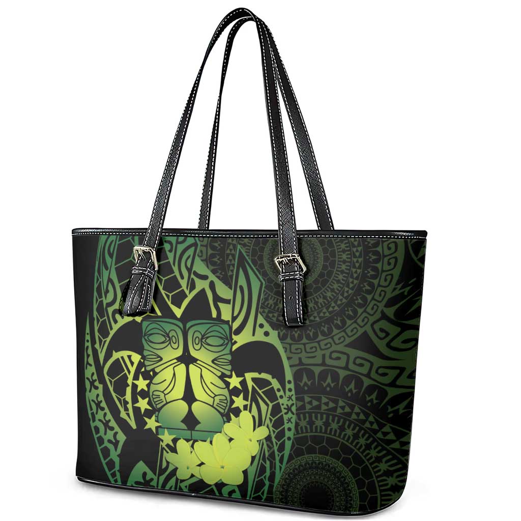 Kia Orana Kuki Airani Leather Tote Bag Cook Islands Tangaroa God Tatau Green LT14 - Polynesian Pride