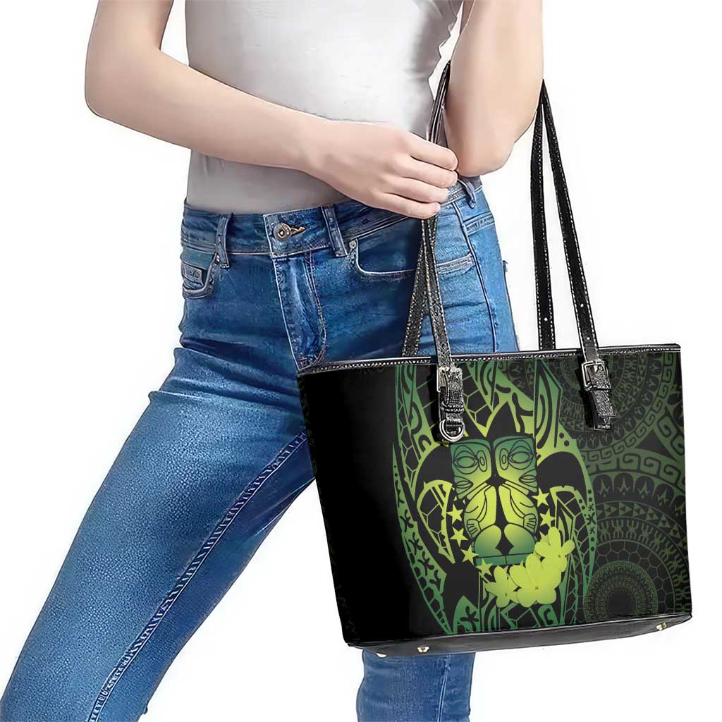 Kia Orana Kuki Airani Leather Tote Bag Cook Islands Tangaroa God Tatau Green LT14 - Polynesian Pride