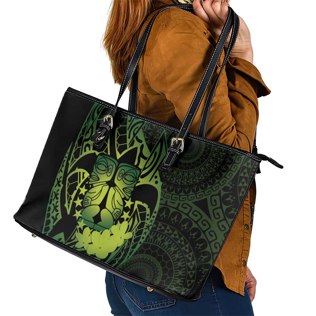 Kia Orana Kuki Airani Leather Tote Bag Cook Islands Tangaroa God Tatau Green LT14 - Polynesian Pride