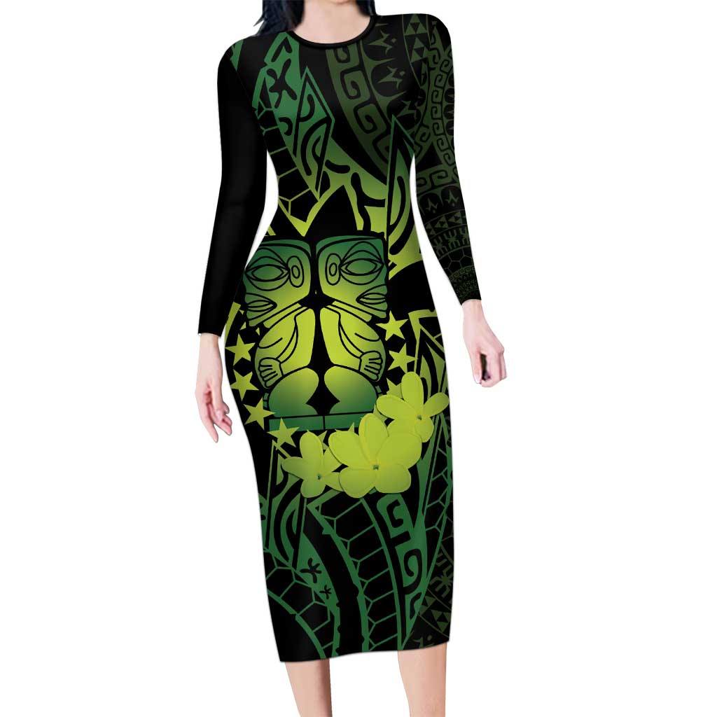Kia Orana Kuki Airani Long Sleeve Bodycon Dress Cook Islands Tangaroa God Tatau Green LT14 Long Dress Green - Polynesian Pride