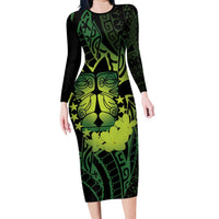 Kia Orana Kuki Airani Long Sleeve Bodycon Dress Cook Islands Tangaroa God Tatau Green LT14 Long Dress Green - Polynesian Pride