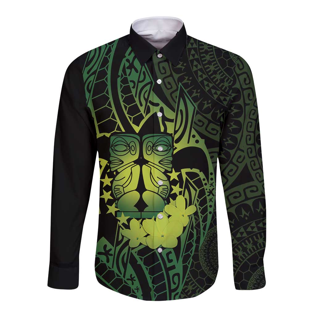 Kia Orana Kuki Airani Long Sleeve Button Shirt Cook Islands Tangaroa God Tatau Green LT14 Unisex Green - Polynesian Pride