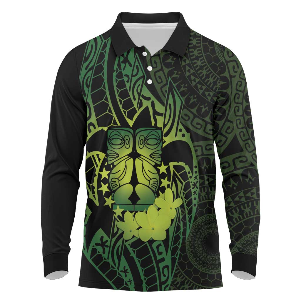 Kia Orana Kuki Airani Long Sleeve Polo Shirt Cook Islands Tangaroa God Tatau Green LT14 Green - Polynesian Pride
