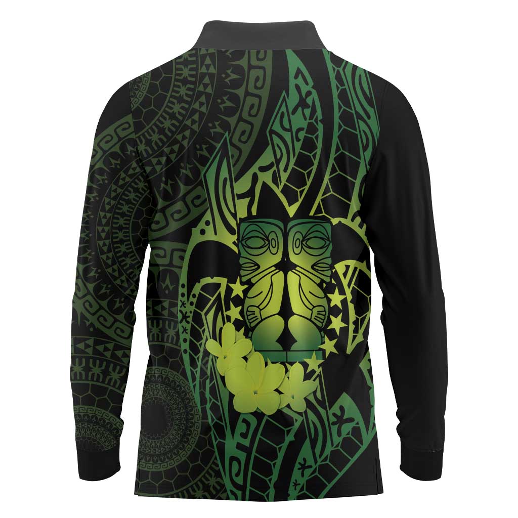 Kia Orana Kuki Airani Long Sleeve Polo Shirt Cook Islands Tangaroa God Tatau Green LT14 - Polynesian Pride
