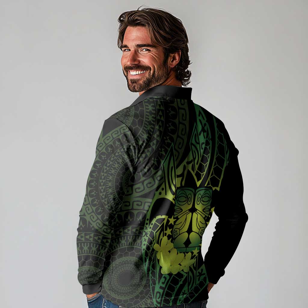 Kia Orana Kuki Airani Long Sleeve Polo Shirt Cook Islands Tangaroa God Tatau Green LT14 - Polynesian Pride
