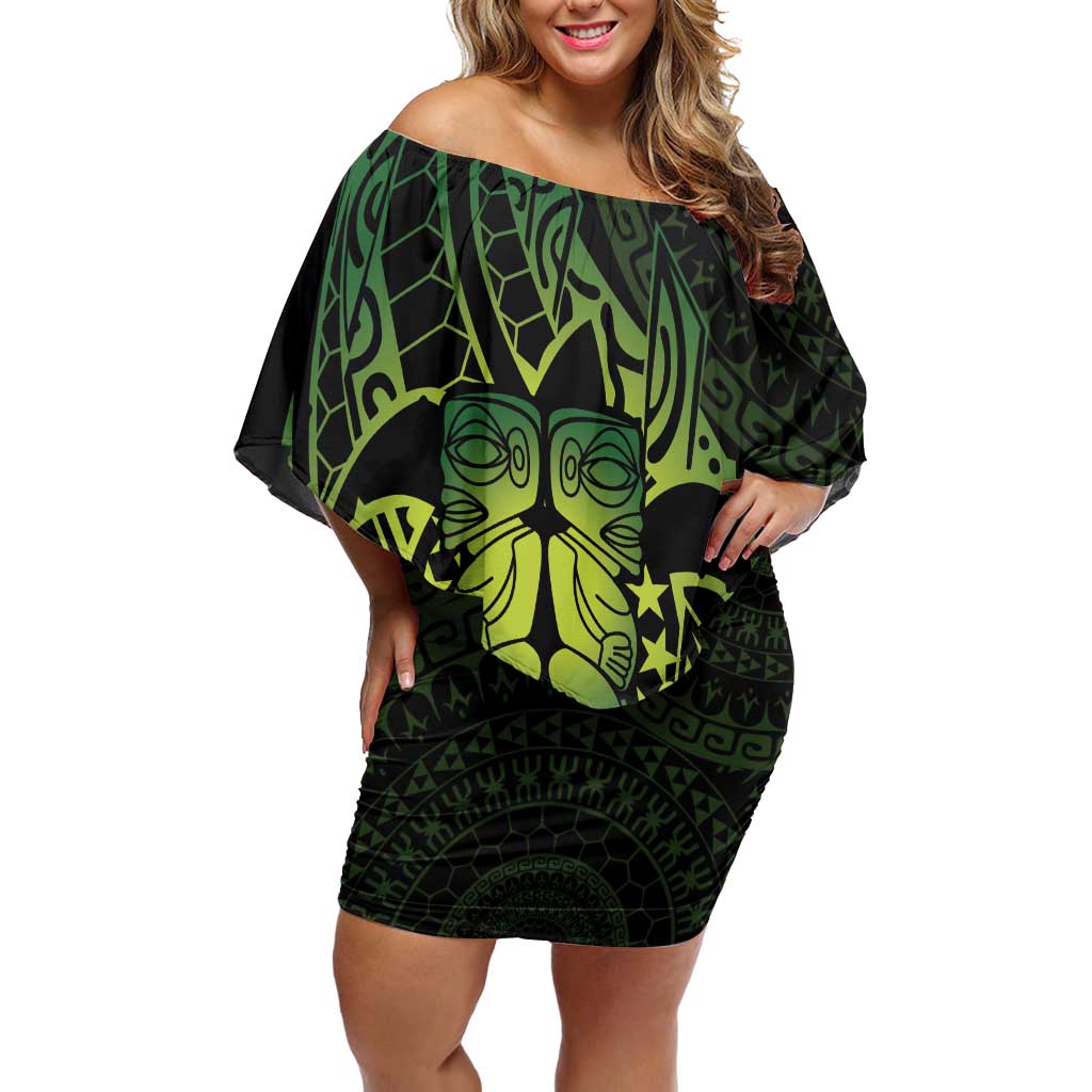 Kia Orana Kuki Airani Off Shoulder Short Dress Cook Islands Tangaroa God Tatau Green LT14 Women Green - Polynesian Pride