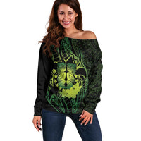 Kia Orana Kuki Airani Off Shoulder Sweater Cook Islands Tangaroa God Tatau Green LT14 Women Green - Polynesian Pride
