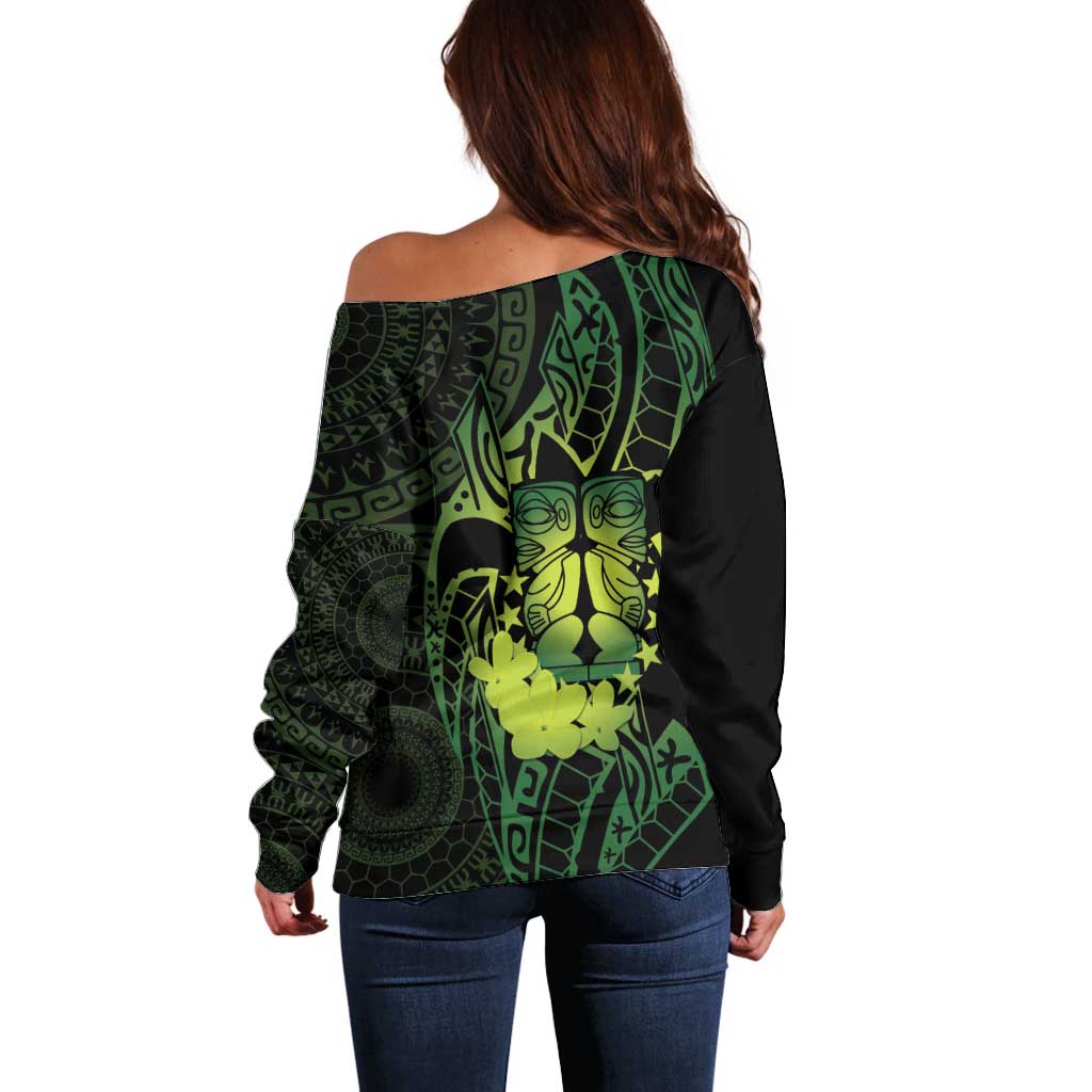 Kia Orana Kuki Airani Off Shoulder Sweater Cook Islands Tangaroa God Tatau Green LT14 - Polynesian Pride